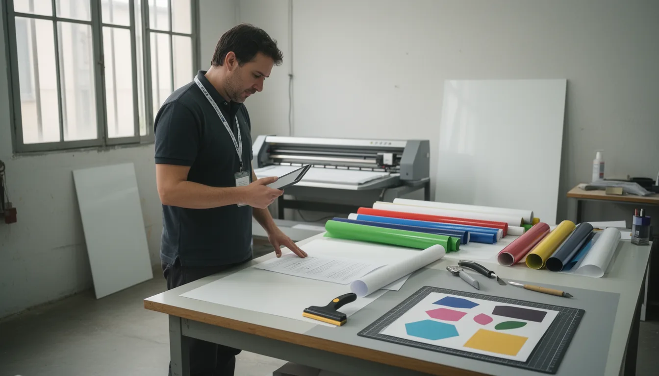 Operario de un taller de rotulación consultando una orden de trabajo en la tablet